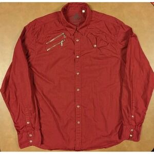 Guess Clear Snaps Shirt Red Long Tab Sleeve Zip Pocket Mens Size‎ XL